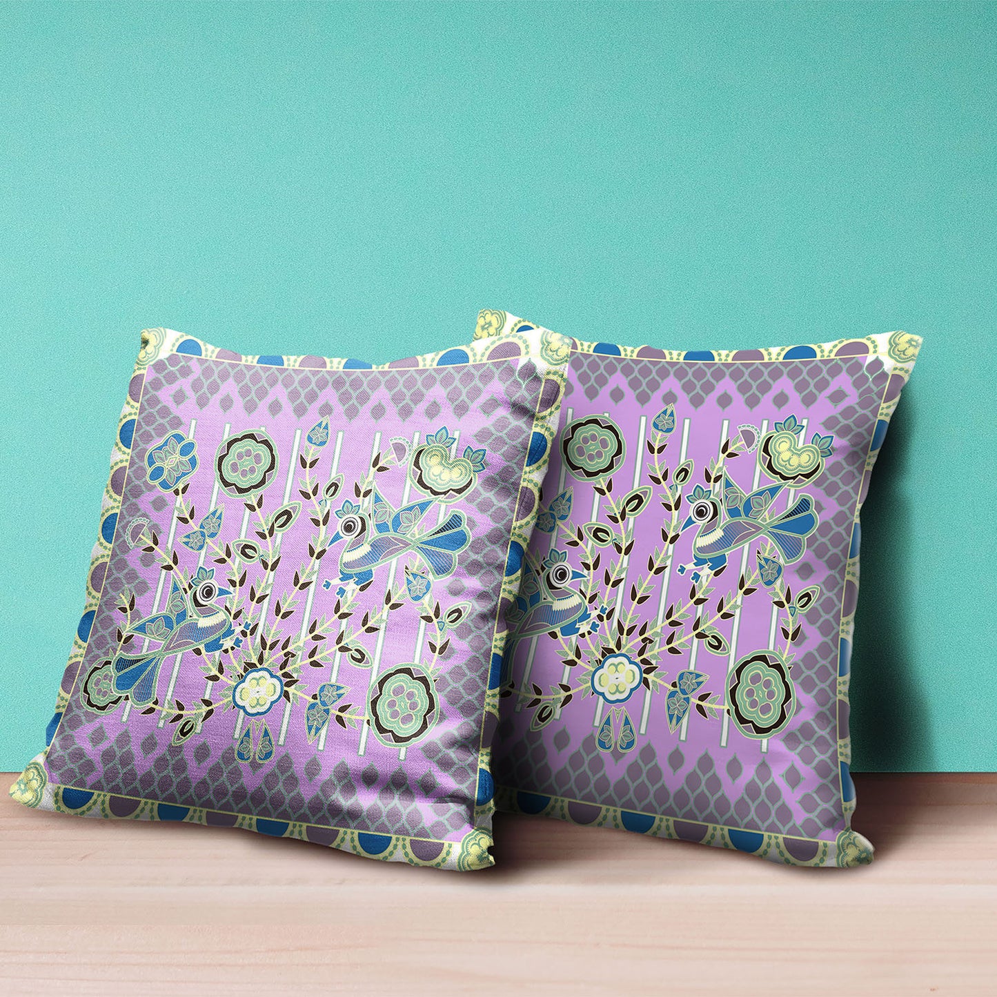 16" X 16" Purple and Black Peacock Broadcloth Floral Zippered Pillow