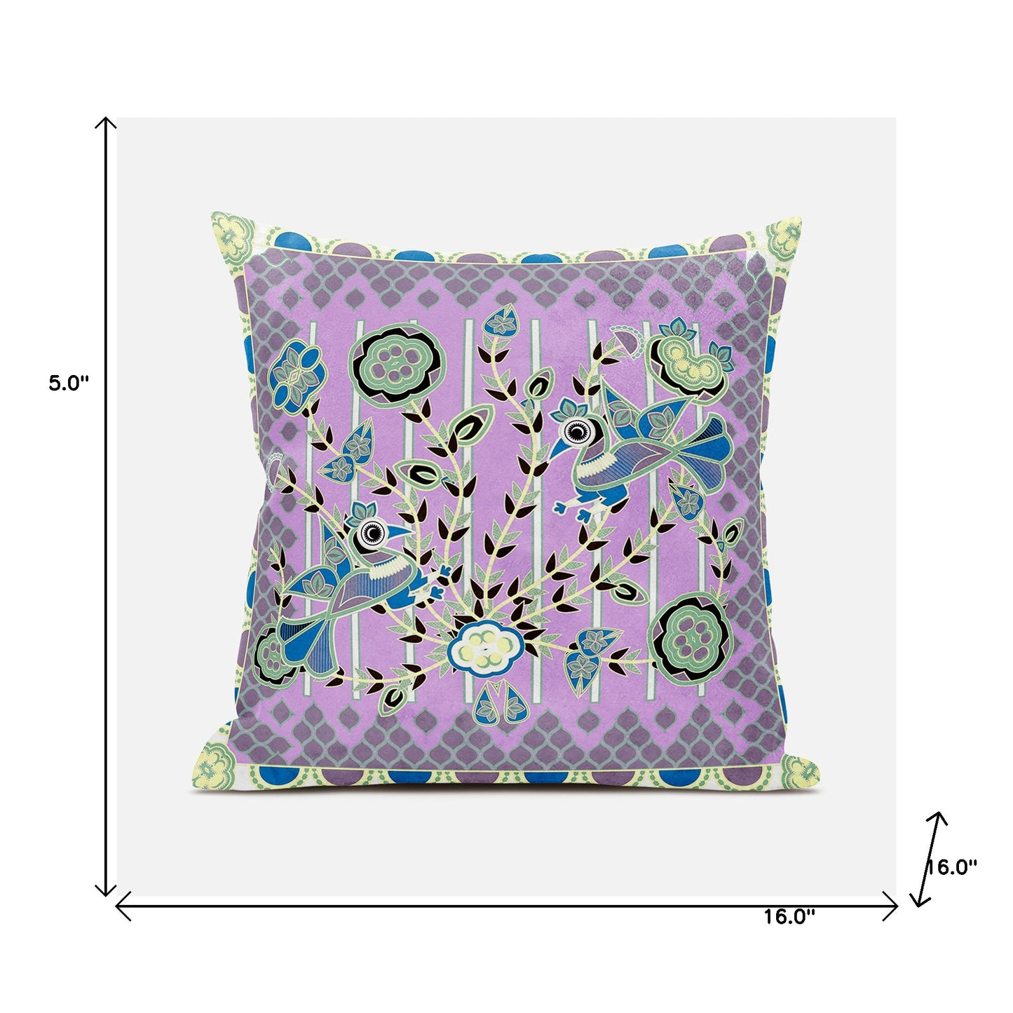16" X 16" Purple and Black Peacock Broadcloth Floral Zippered Pillow