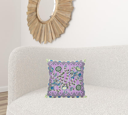 16" X 16" Purple and Black Peacock Broadcloth Floral Zippered Pillow