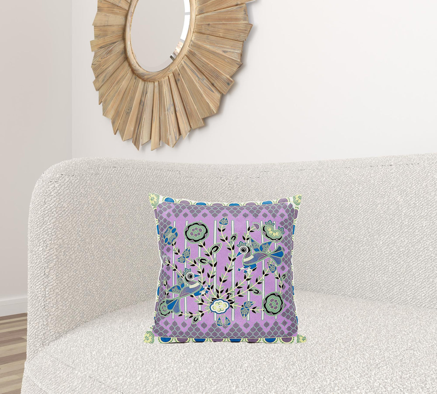 18" X 18" Purple and Black Peacock Broadcloth Floral Zippered Pillow