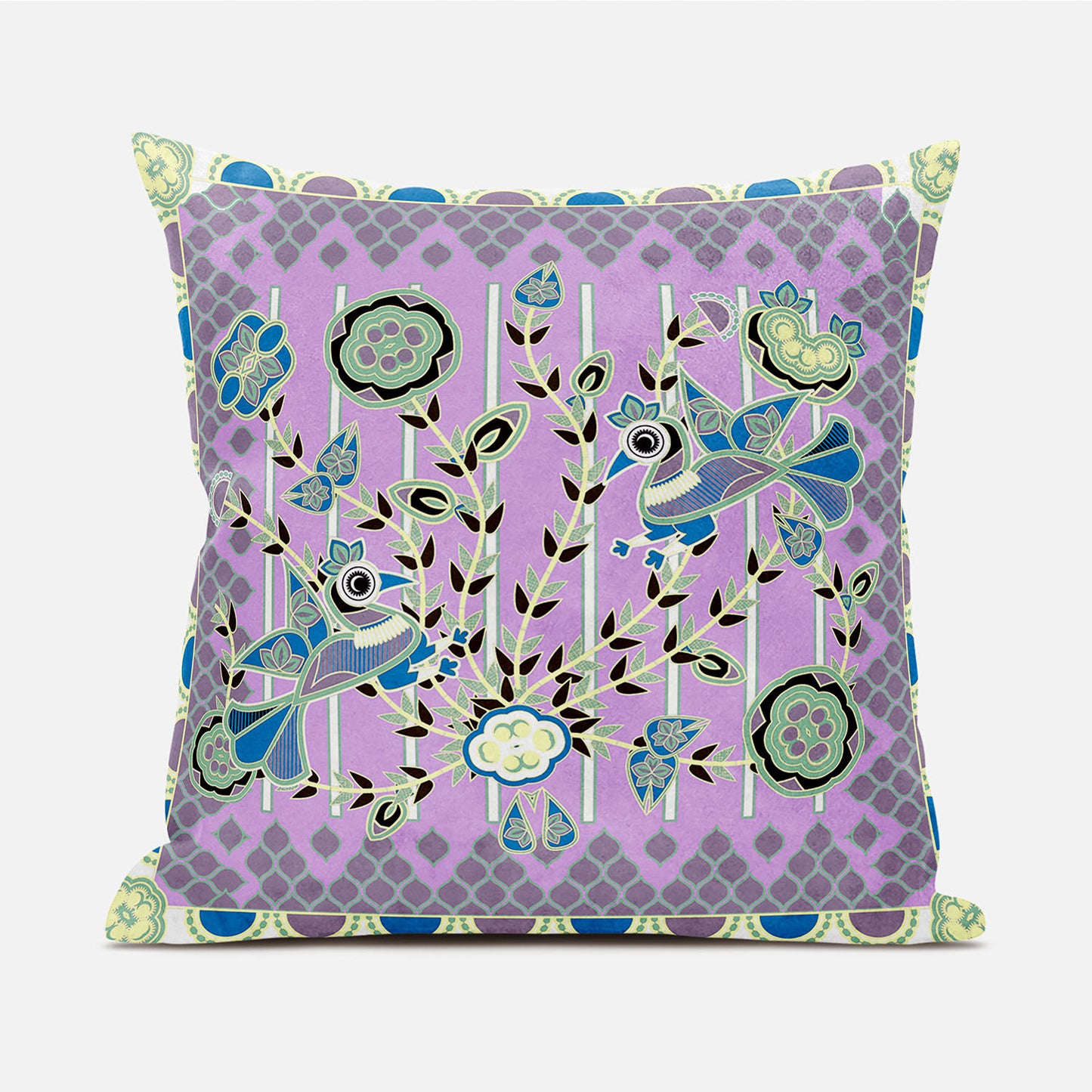 20" X 20" Purple and Black Peacock Broadcloth Floral Zippered Pillow
