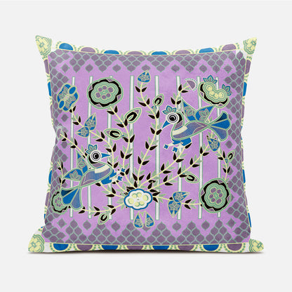 20" X 20" Purple and Black Peacock Broadcloth Floral Zippered Pillow