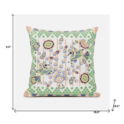 18" X 18" Green and Yellow Peacock Broadcloth Floral Zippered Pillow