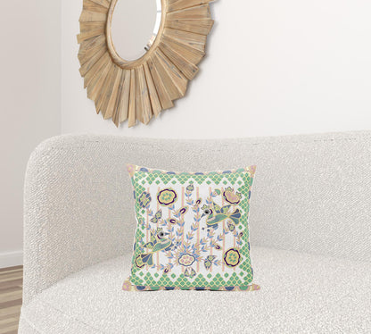 18" X 18" Green and Yellow Peacock Broadcloth Floral Zippered Pillow