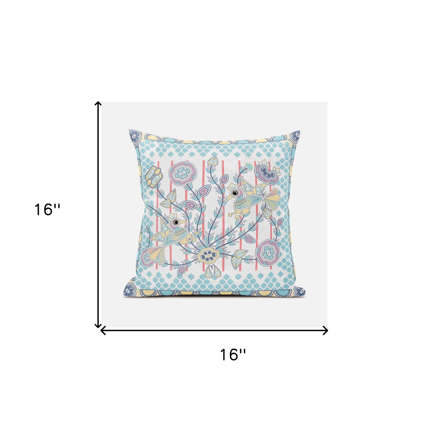 16" X 16" Blue and Yellow Peacock Broadcloth Floral Zippered Pillow