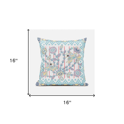 16" X 16" Blue and Yellow Peacock Broadcloth Floral Zippered Pillow