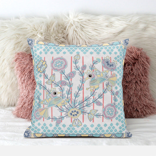20" X 20" Blue and Yellow Peacock Broadcloth Floral Zippered Pillow