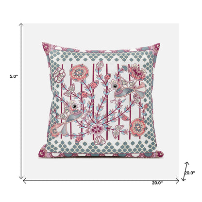 20" X 20" Red and White Peacock Broadcloth Floral Zippered Pillow
