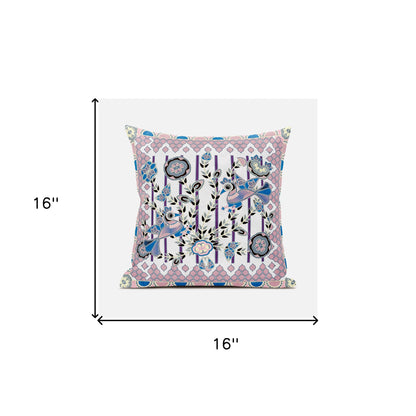 16" X 16" Pink and Black Peacock Broadcloth Floral Zippered Pillow