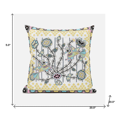 20" X 20" Yellow and White Peacock Broadcloth Floral Zippered Pillow
