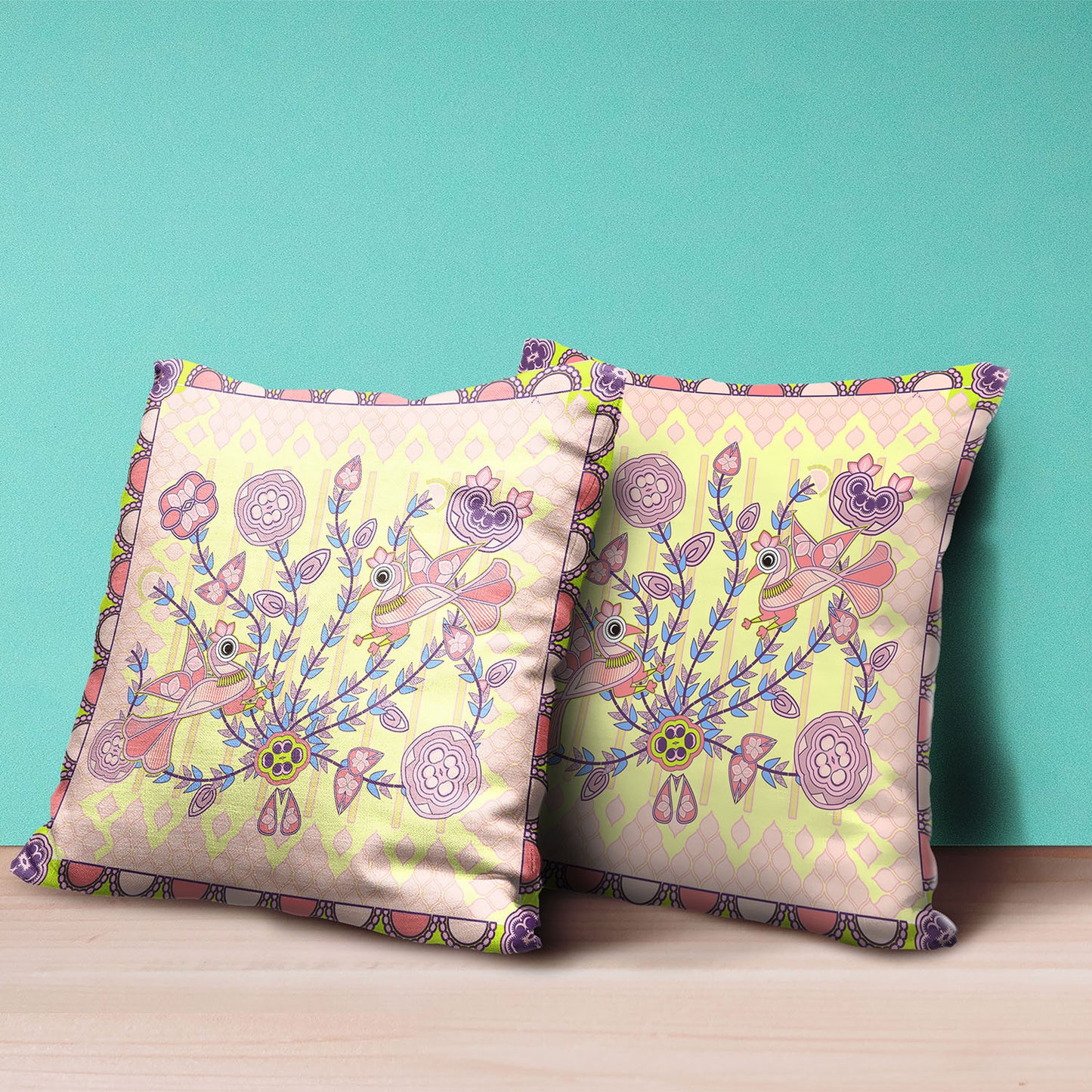 16" X 16" Yellow and Peach Peacock Broadcloth Floral Zippered Pillow