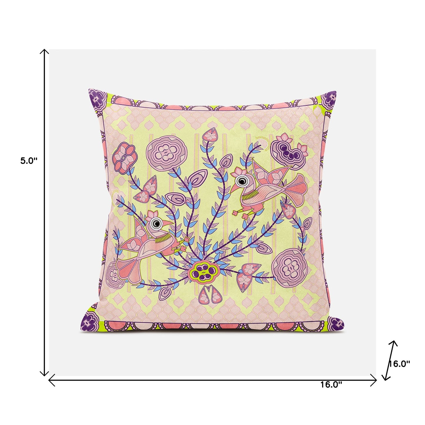 16" X 16" Yellow and Peach Peacock Broadcloth Floral Zippered Pillow