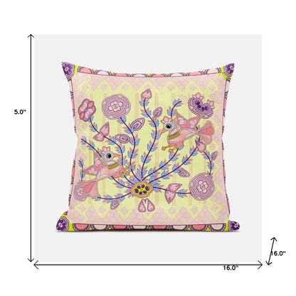 16" X 16" Yellow and Peach Peacock Broadcloth Floral Zippered Pillow