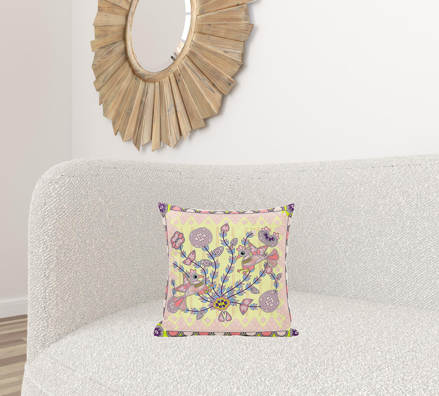 16" X 16" Yellow and Peach Peacock Broadcloth Floral Zippered Pillow