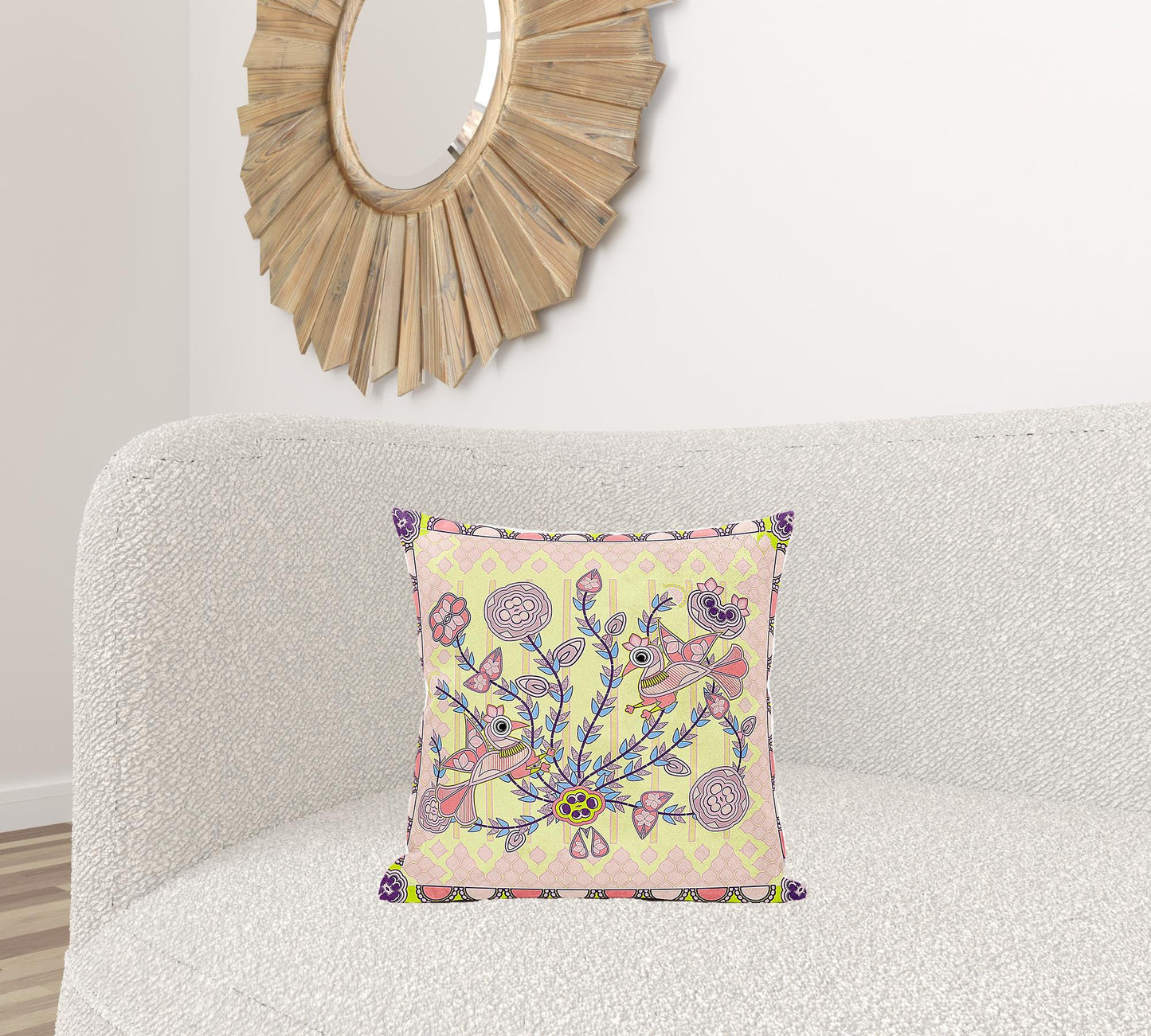 18" X 18" Yellow and Peach Peacock Broadcloth Floral Zippered Pillow