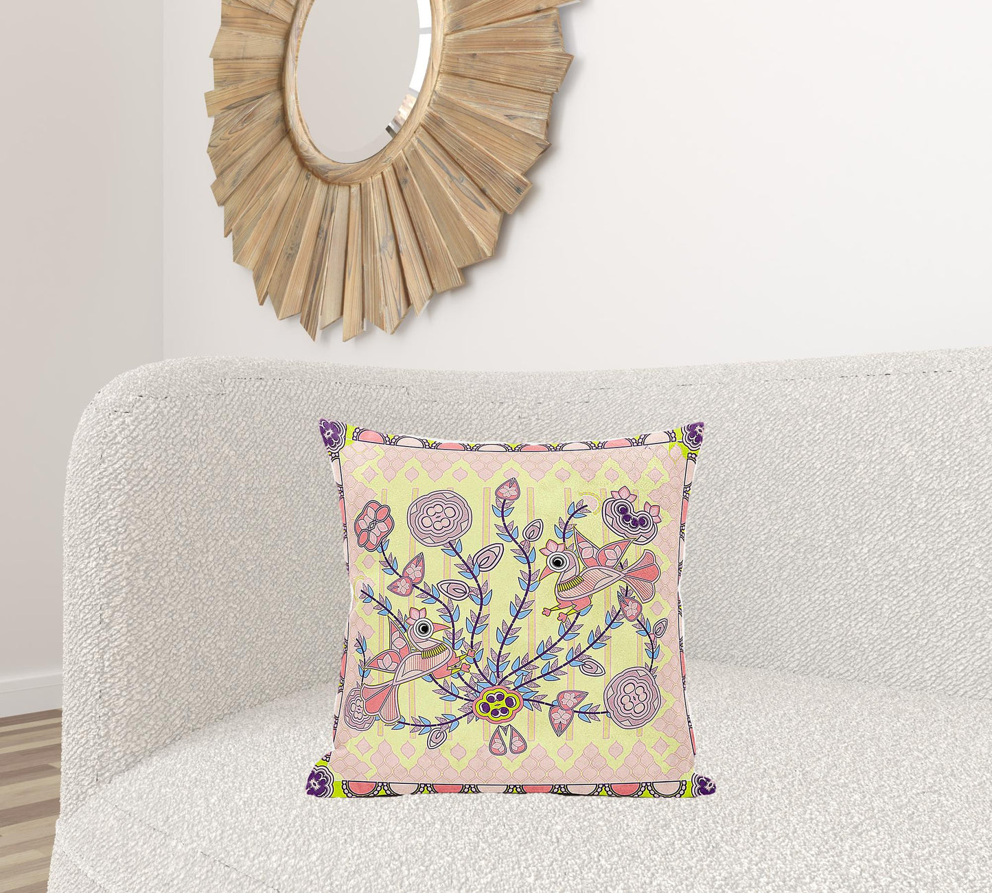 20" X 20" Yellow and Peach Peacock Broadcloth Floral Zippered Pillow