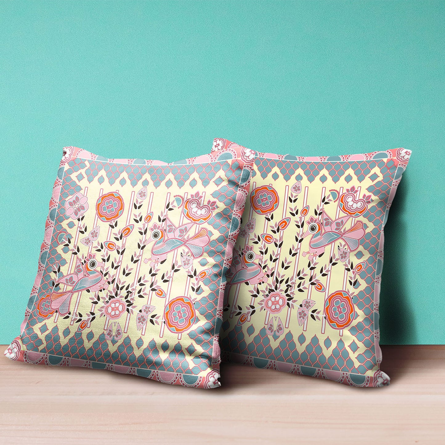 16" X 16" Gray and Orange Peacock Broadcloth Floral Zippered Pillow