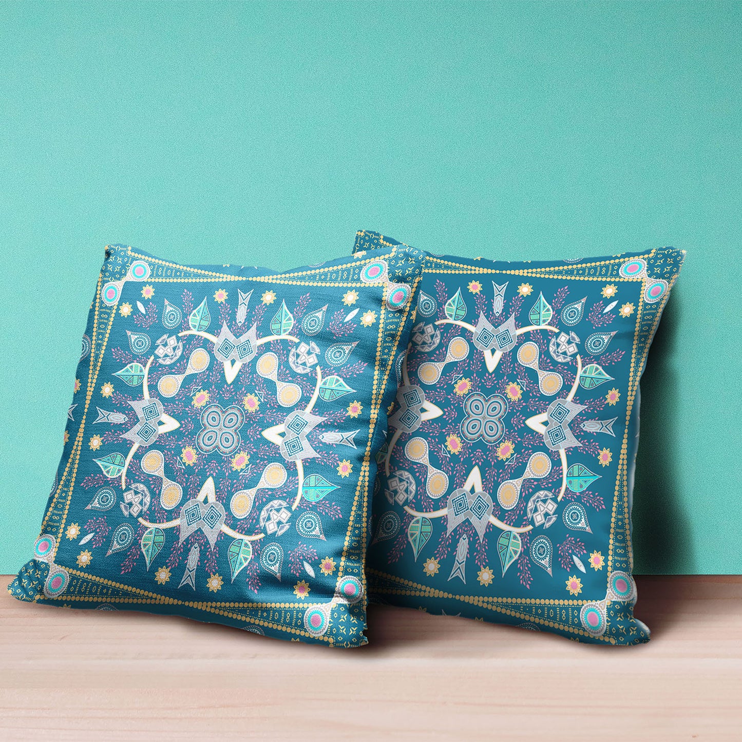16" X 16" Blue and Pink Broadcloth Paisley Zippered Pillow