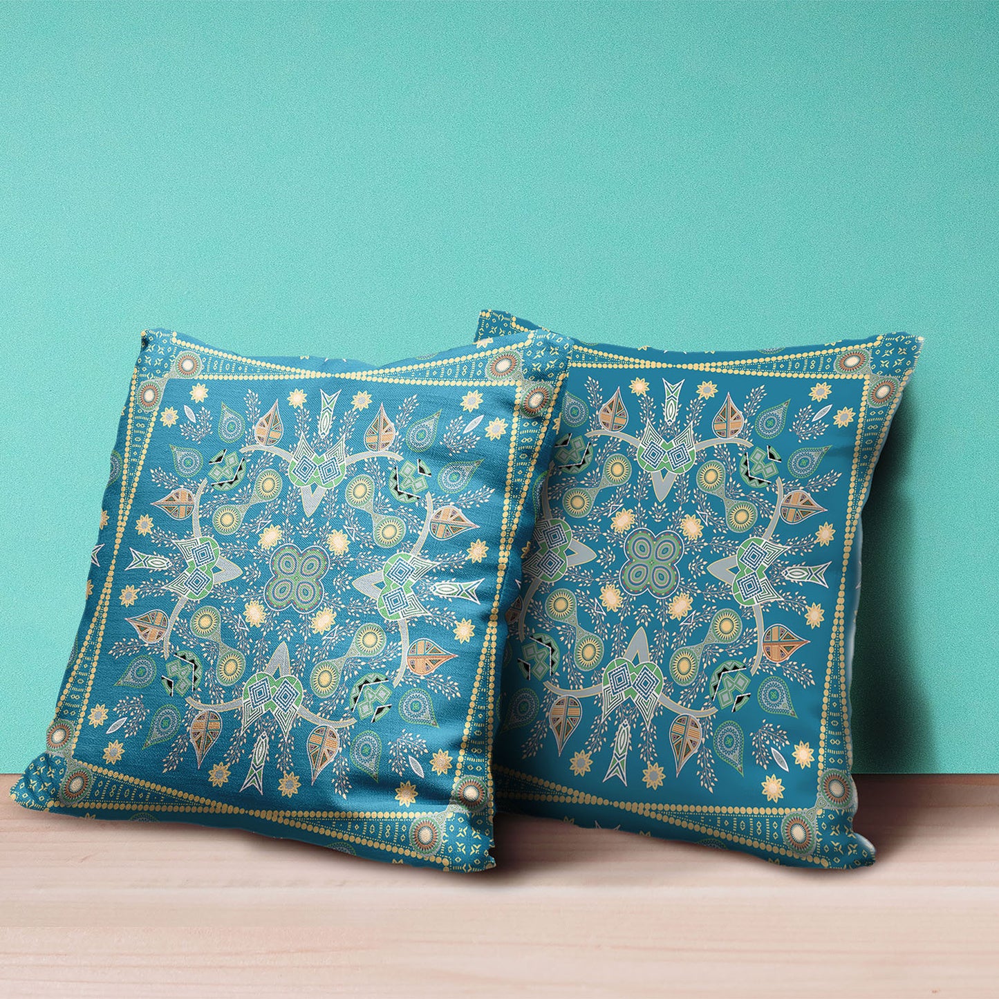 16" X 16" Aqua and Gold Broadcloth Paisley Zippered Pillow