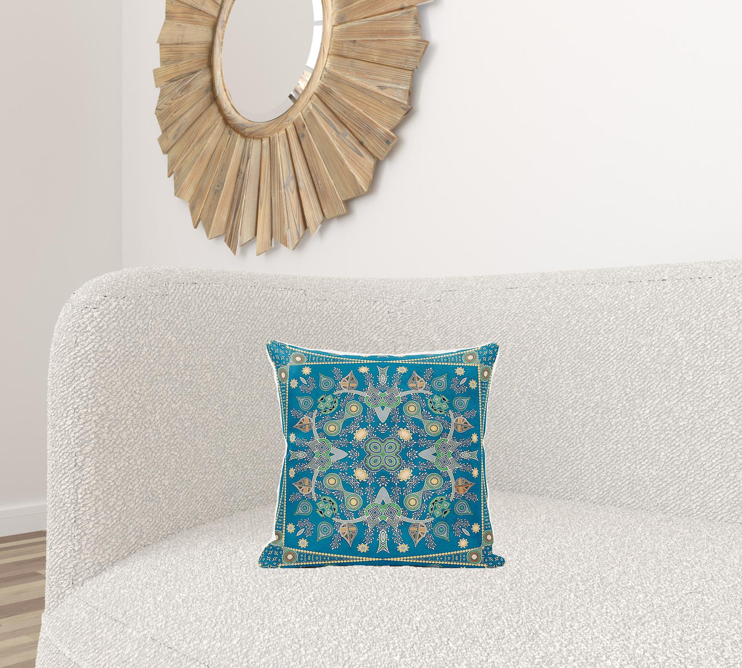 16" X 16" Aqua and Gold Broadcloth Paisley Zippered Pillow
