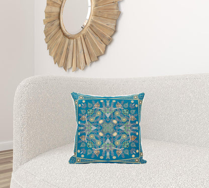 18" X 18" Aqua and Gold Broadcloth Paisley Zippered Pillow