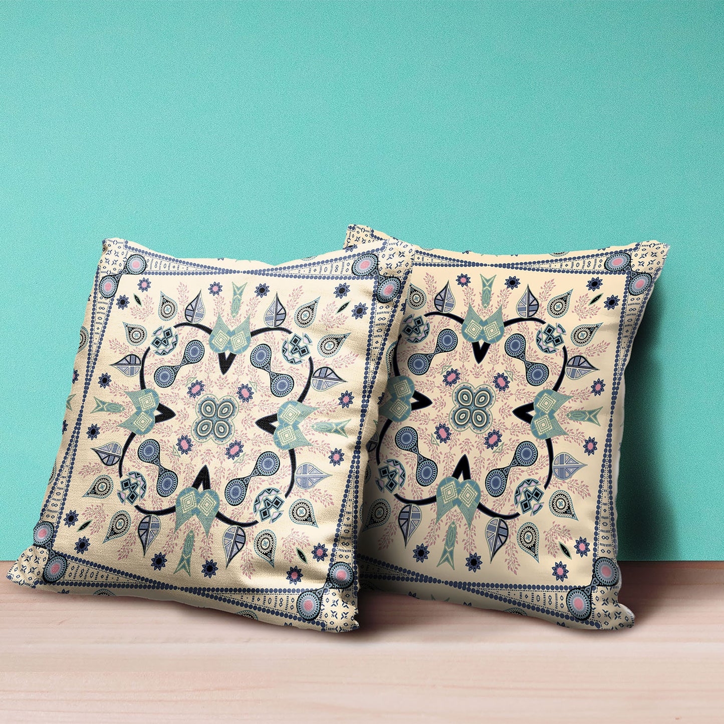 16" X 16" Beige and Black Broadcloth Paisley Zippered Pillow