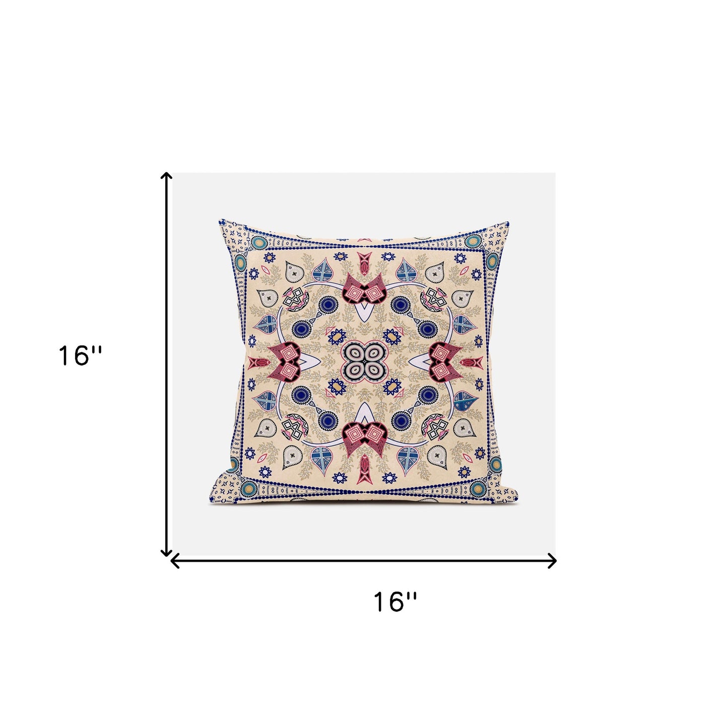 16" X 16" Beige and Red Broadcloth Paisley Zippered Pillow