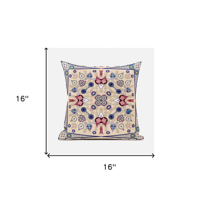 16" X 16" Beige and Red Broadcloth Paisley Zippered Pillow