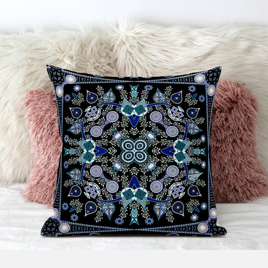 16" X 16" Black and Blue Broadcloth Paisley Zippered Pillow