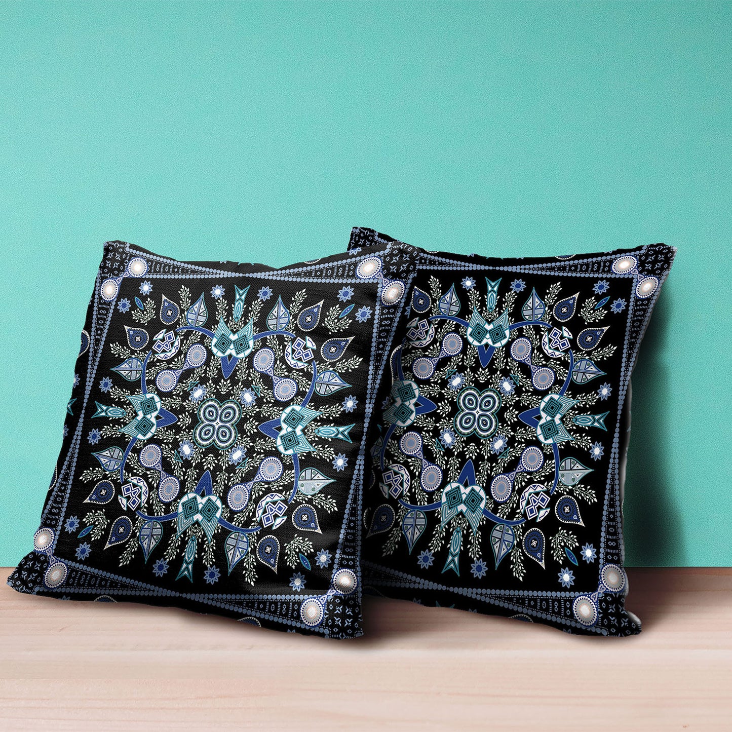 16" X 16" Black and Blue Broadcloth Paisley Zippered Pillow