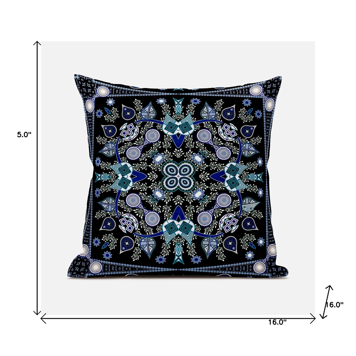 16" X 16" Black and Blue Broadcloth Paisley Zippered Pillow