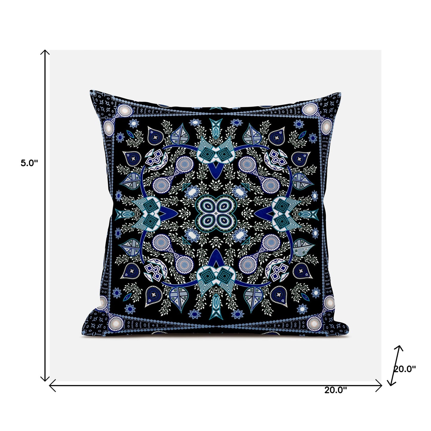 20" X 20" Black and Blue Broadcloth Paisley Zippered Pillow