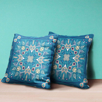 16" X 16" Beige and Blue Broadcloth Paisley Zippered Pillow