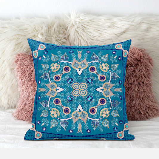 20" X 20" Beige and Blue Broadcloth Paisley Zippered Pillow