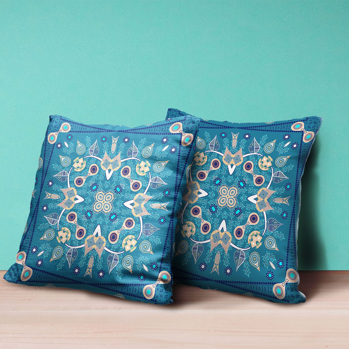 20" X 20" Beige and Blue Broadcloth Paisley Zippered Pillow