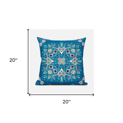 20" X 20" Beige and Blue Broadcloth Paisley Zippered Pillow