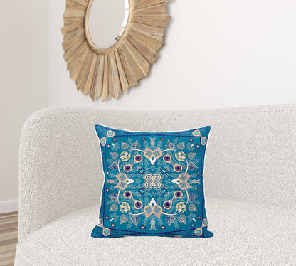 20" X 20" Beige and Blue Broadcloth Paisley Zippered Pillow