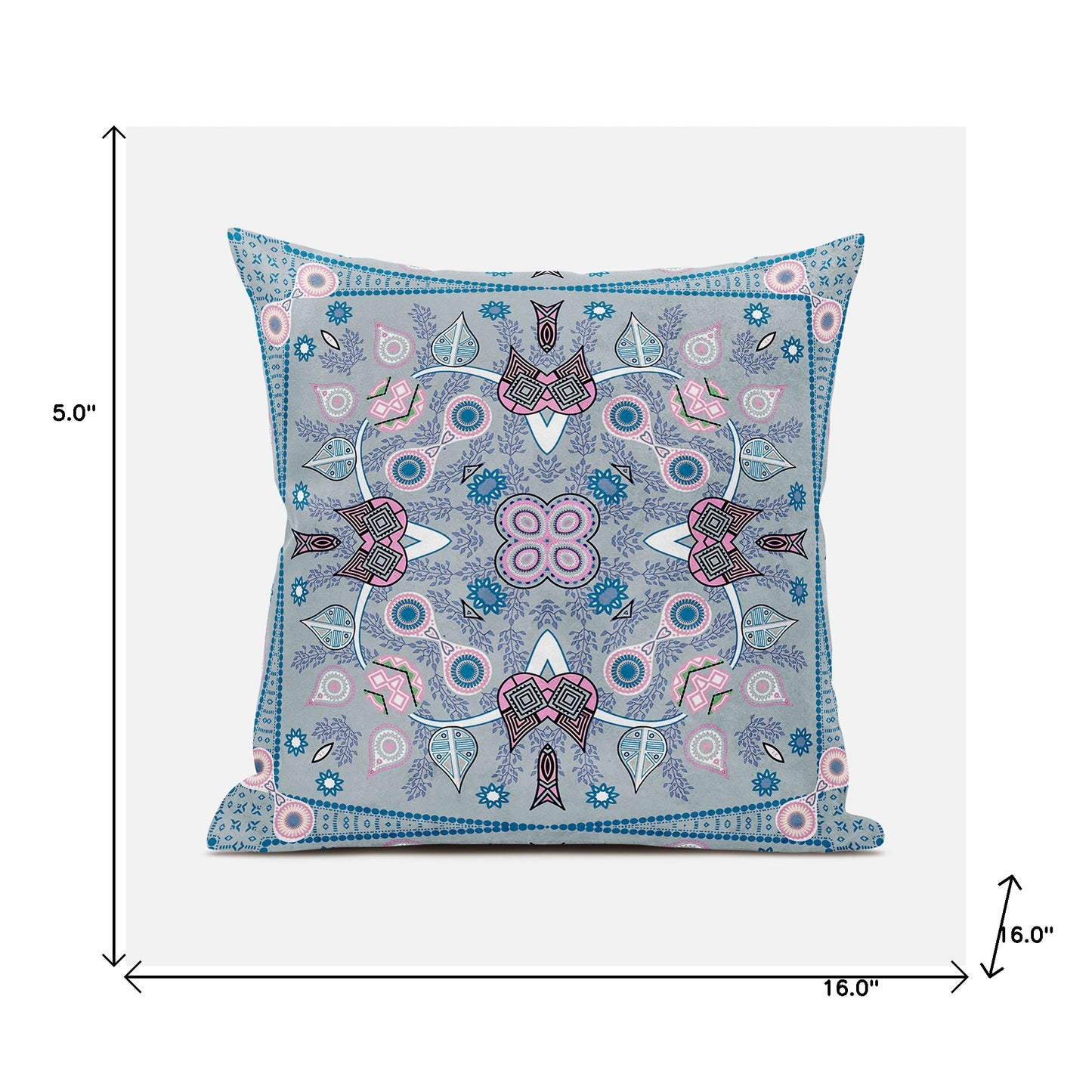16" X 16" Gray and Pink Broadcloth Paisley Zippered Pillow