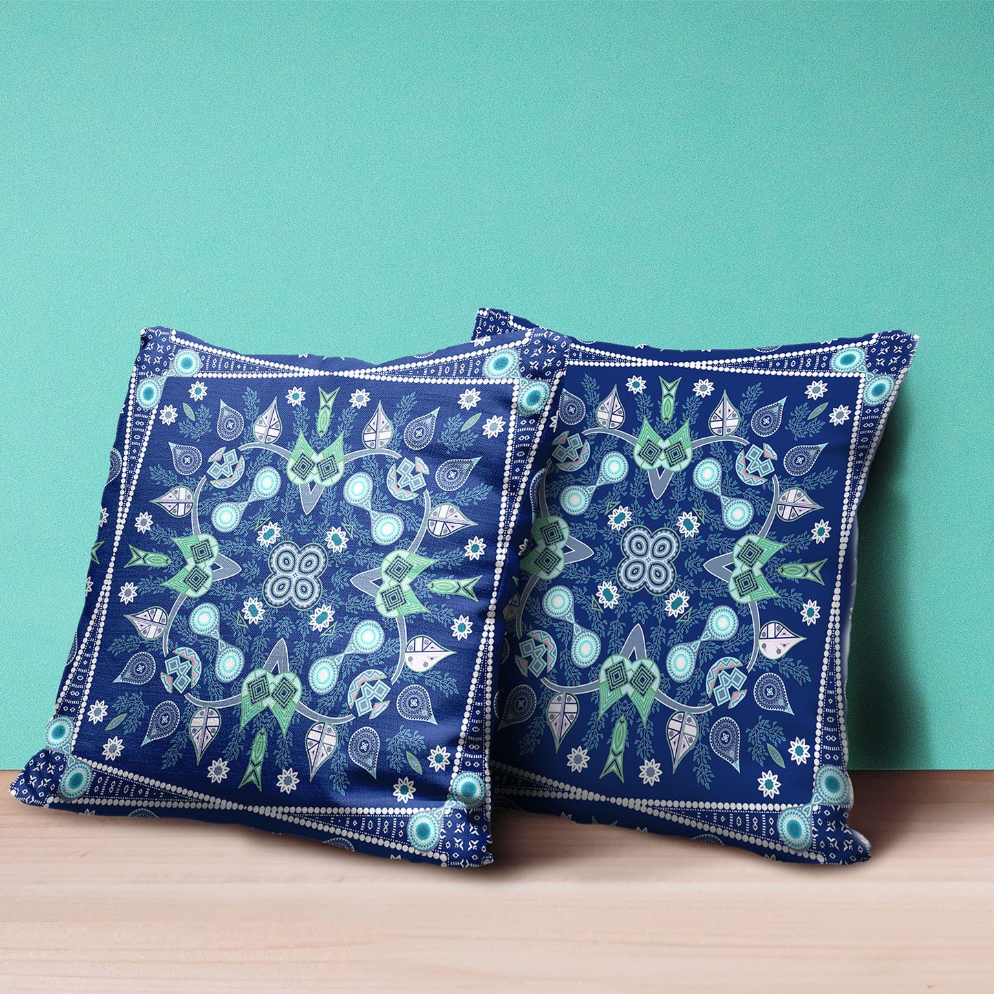 20" X 20" Blue and Green Broadcloth Paisley Zippered Pillow