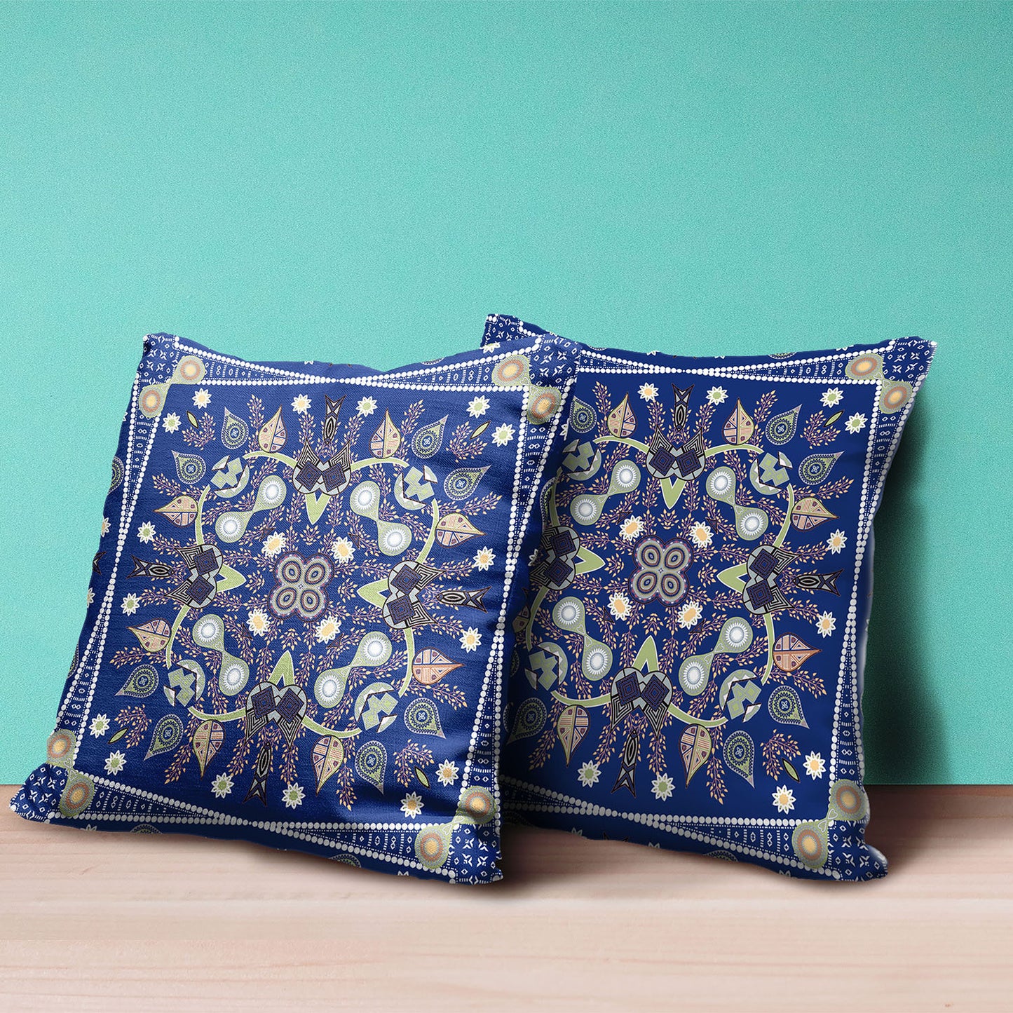 18" X 18" Blue and Green Broadcloth Paisley Zippered Pillow