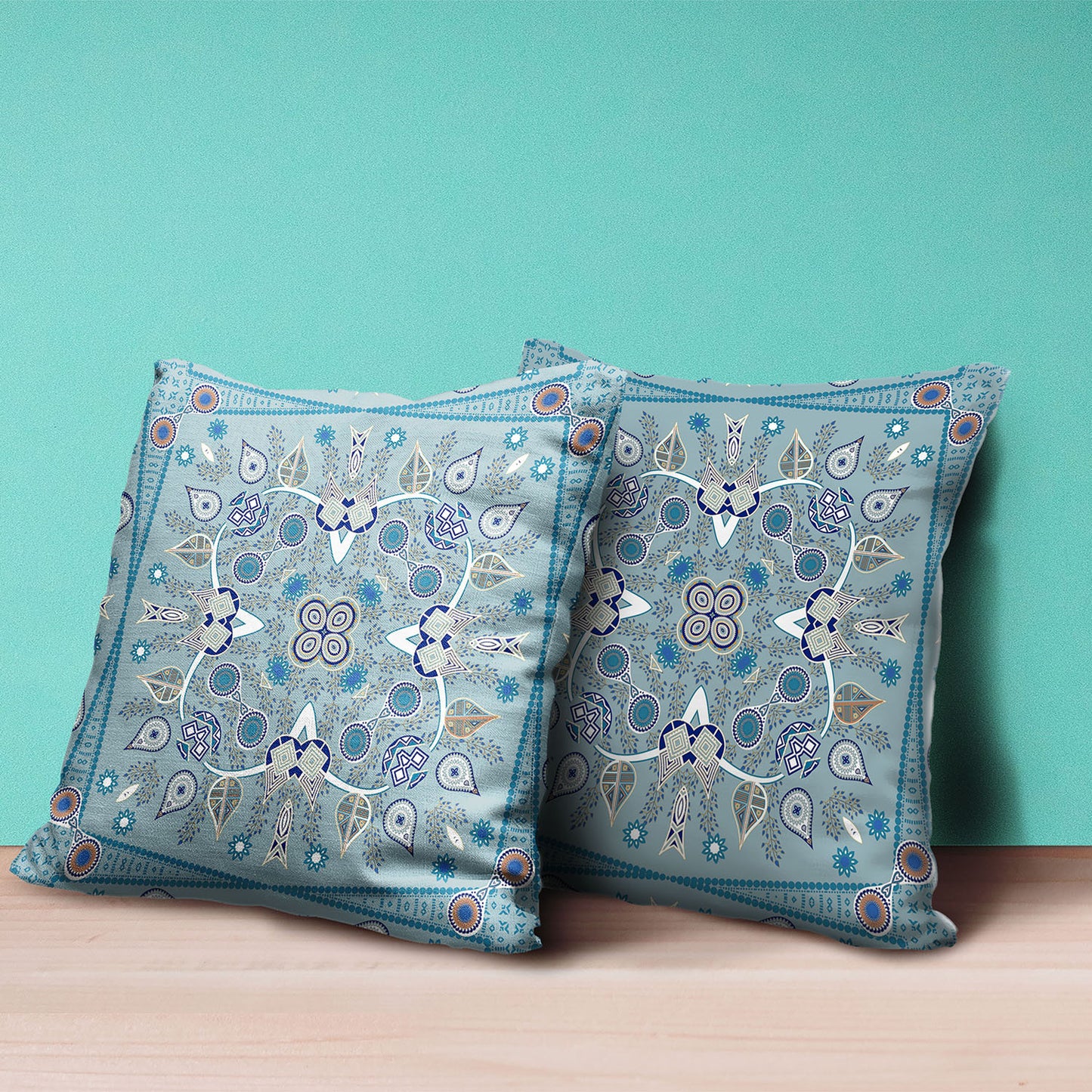 20" X 20" Blue and Beige Broadcloth Paisley Zippered Pillow