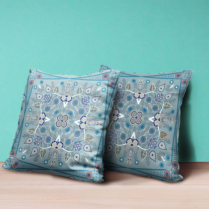 20" X 20" Blue and Beige Broadcloth Paisley Zippered Pillow