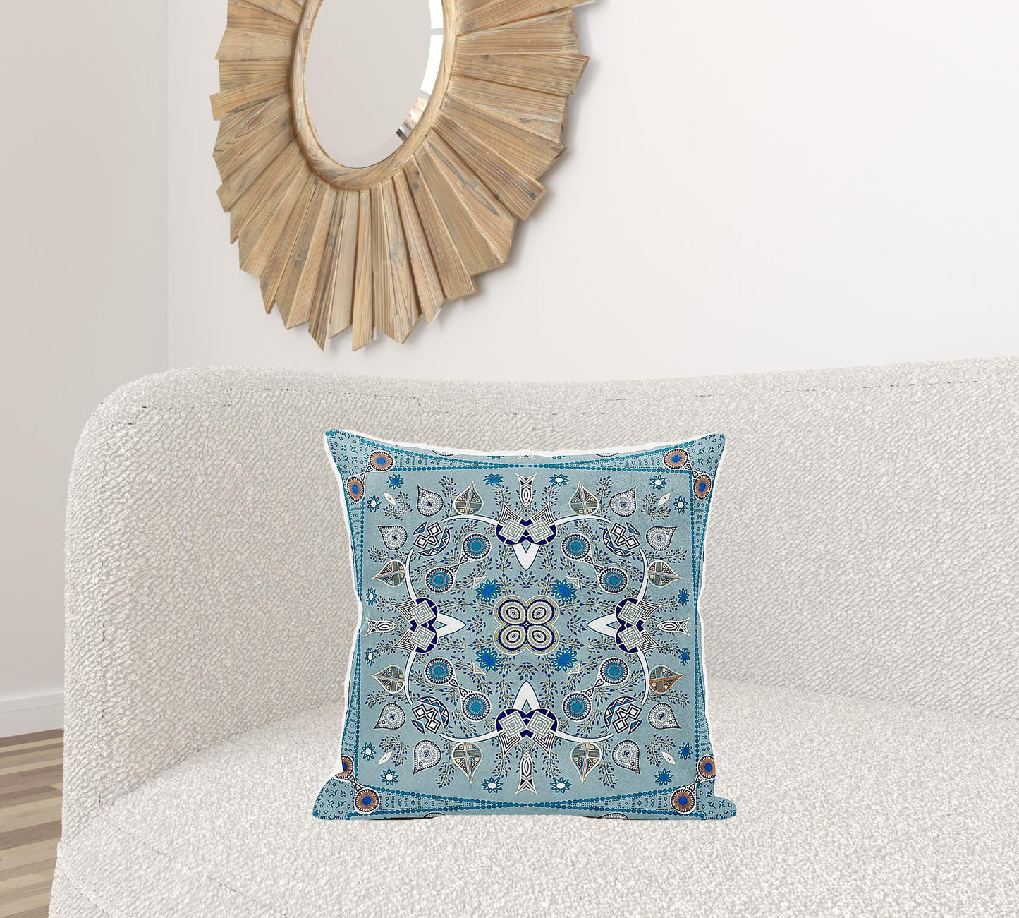 20" X 20" Blue and Beige Broadcloth Paisley Zippered Pillow