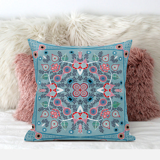 16" X 16" Blue and White Broadcloth Paisley Zippered Pillow