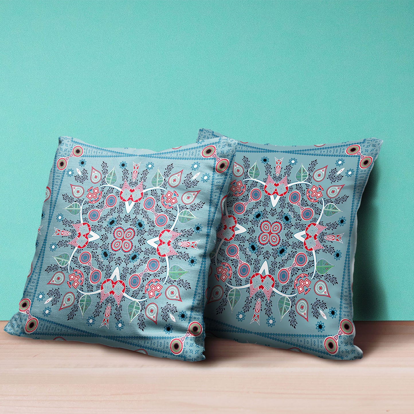 16" X 16" Blue and White Broadcloth Paisley Zippered Pillow