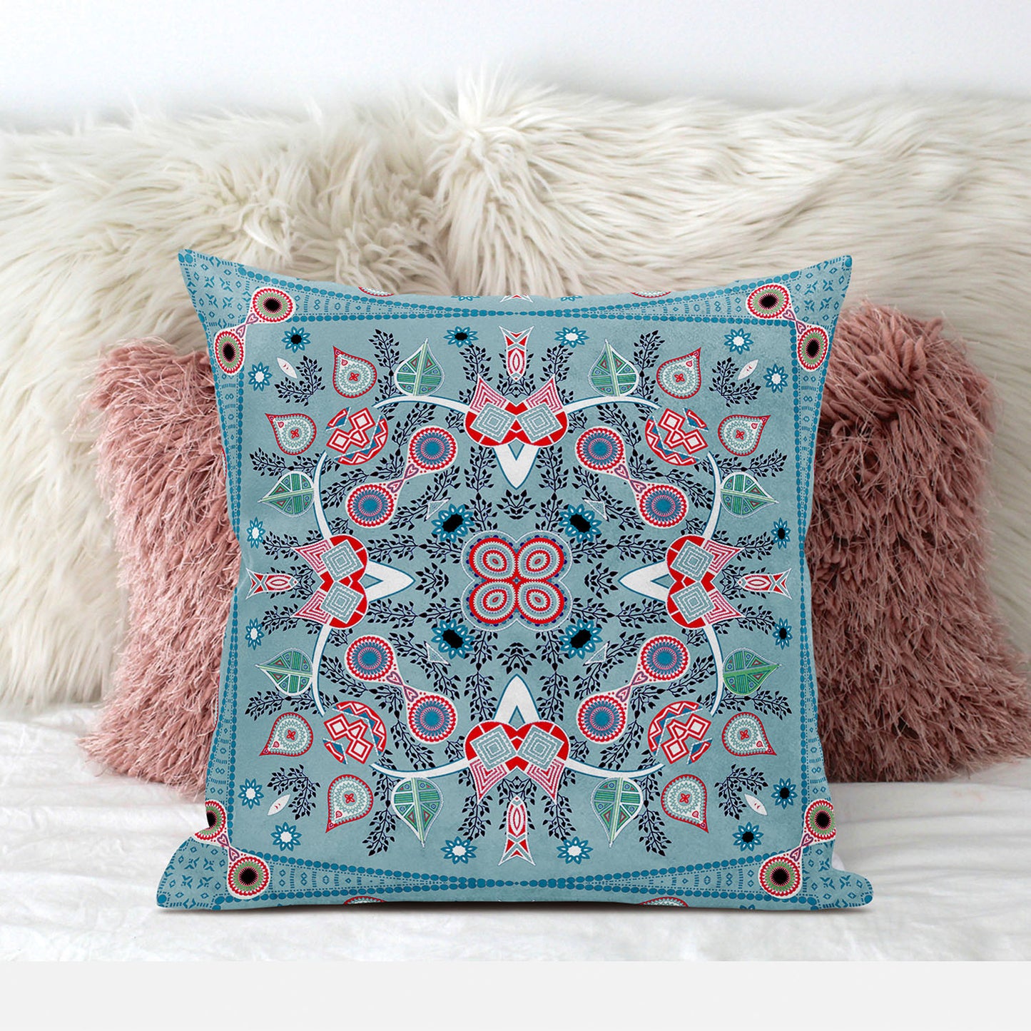20" X 20" Blue and White Broadcloth Paisley Zippered Pillow