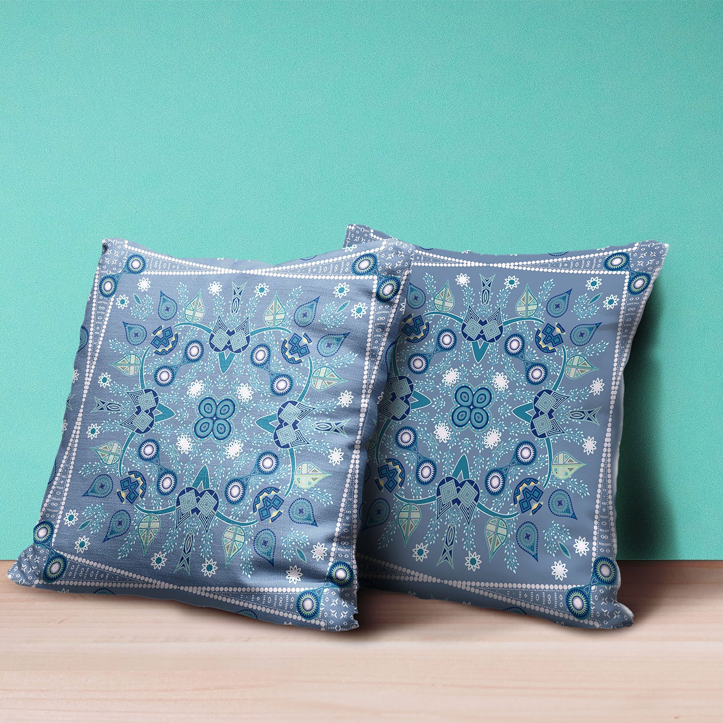 16" X 16" Blue and White Broadcloth Paisley Zippered Pillow