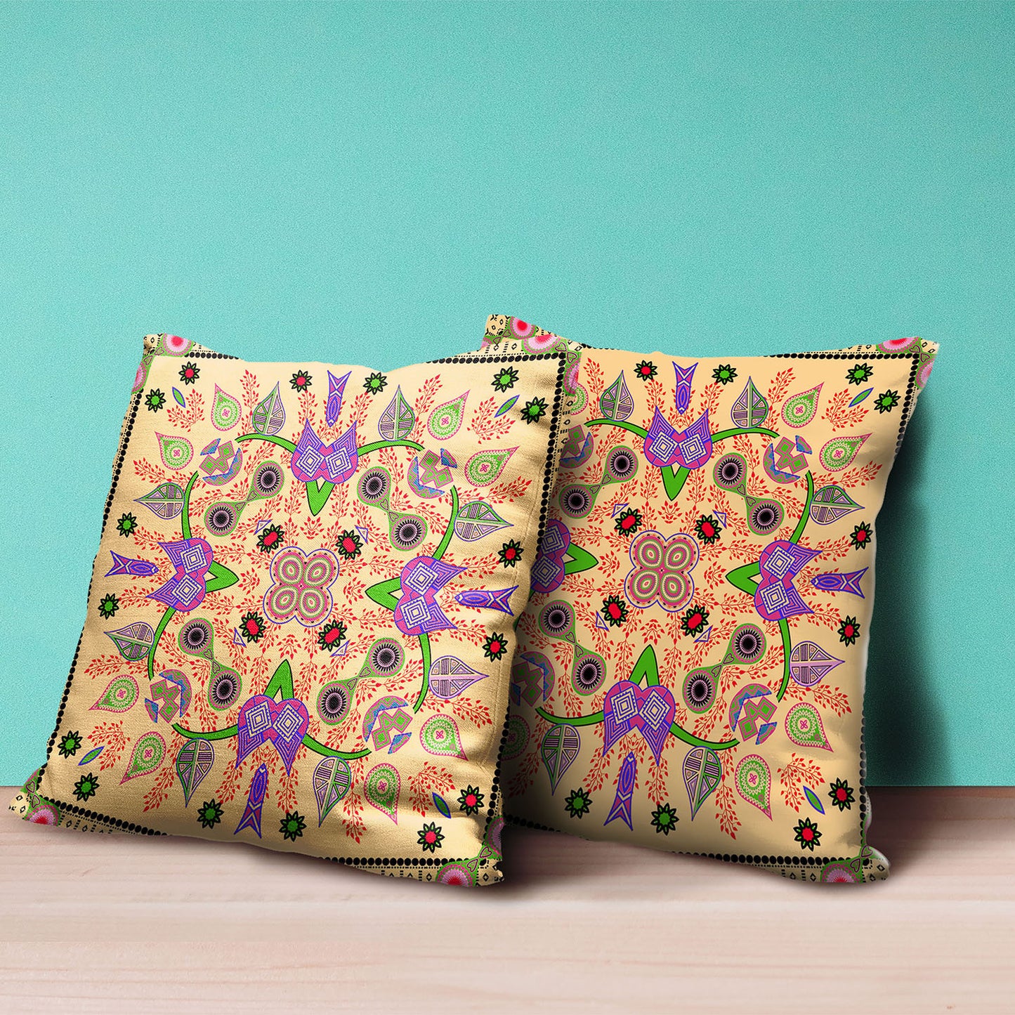 16" X 16" Beige and Green Broadcloth Paisley Zippered Pillow