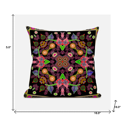 16" X 16" Black and Pink Broadcloth Paisley Zippered Pillow