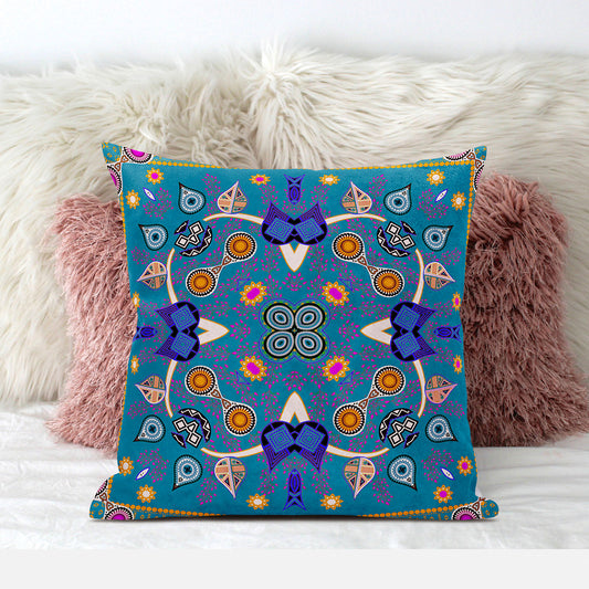 16" X 16" Blue and Gold Broadcloth Paisley Zippered Pillow